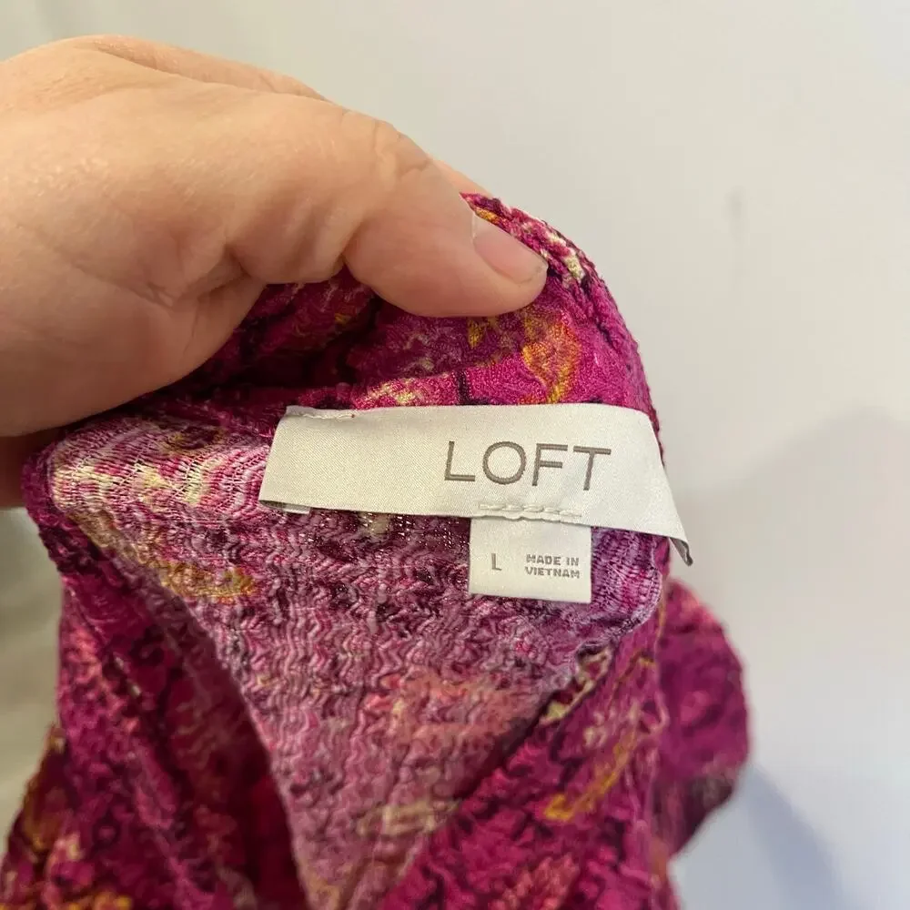 LOFT Floral Print Puff Sleeve Blouse Boho Chic Pink Purple Top Size Large